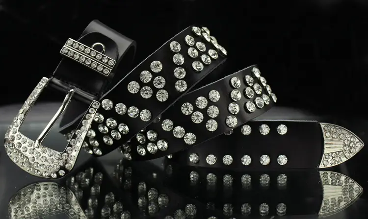 Women's Black Leather Belt with Diamond Rhinestone Buckle — feature 22