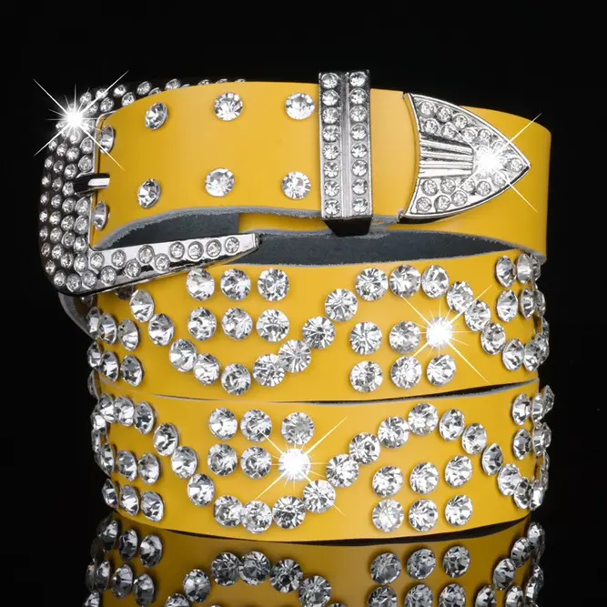 Women's Black Leather Belt with Diamond Rhinestone Buckle - Image 8