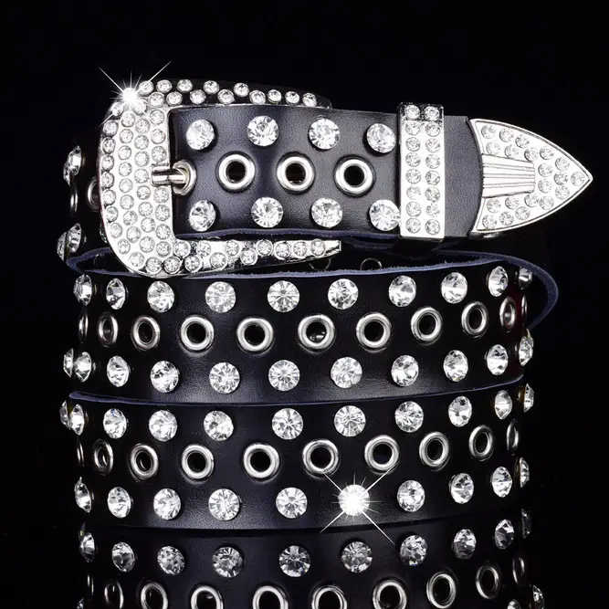 Women's Black Leather Belt with Diamond Rhinestone Buckle - Image 9
