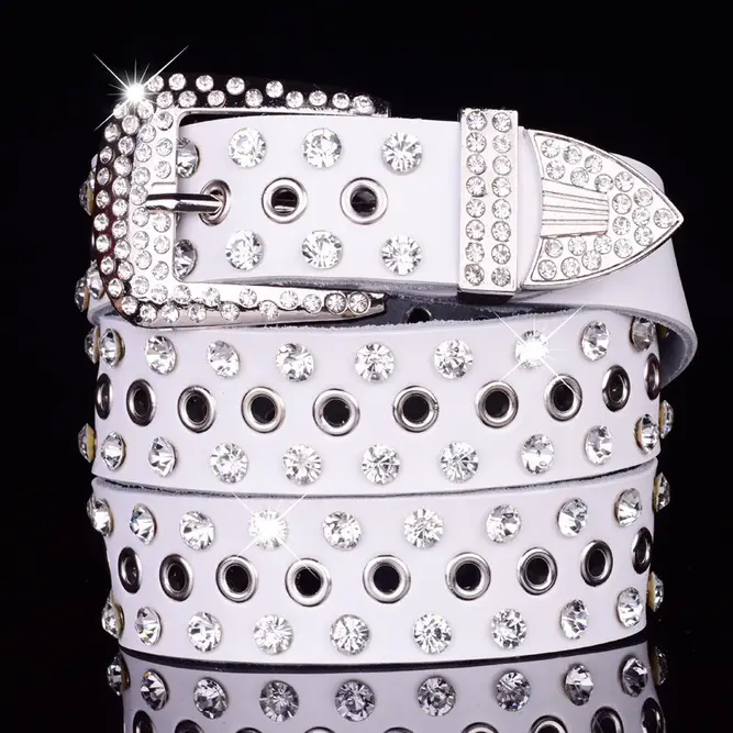 Women's Black Leather Belt with Diamond Rhinestone Buckle - Image 10