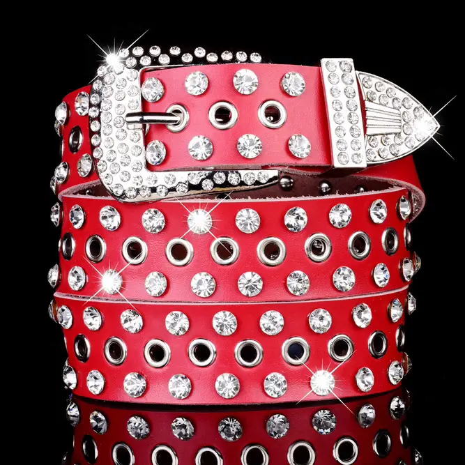 Women's Black Leather Belt with Diamond Rhinestone Buckle - Image 11
