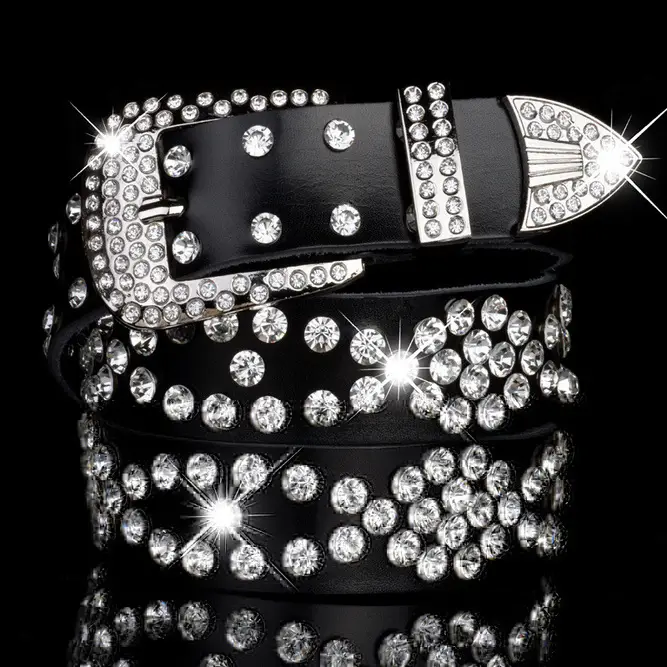 Women's Black Leather Belt with Diamond Rhinestone Buckle - Image 12