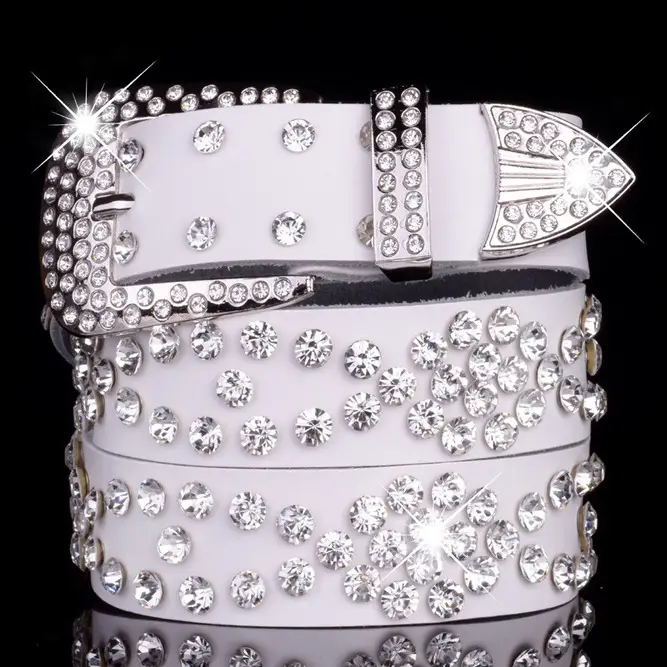 Women's Black Leather Belt with Diamond Rhinestone Buckle - Image 13