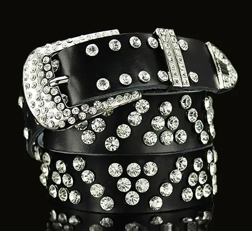 Women's Black Leather Belt with Diamond Rhinestone Buckle - Image 2