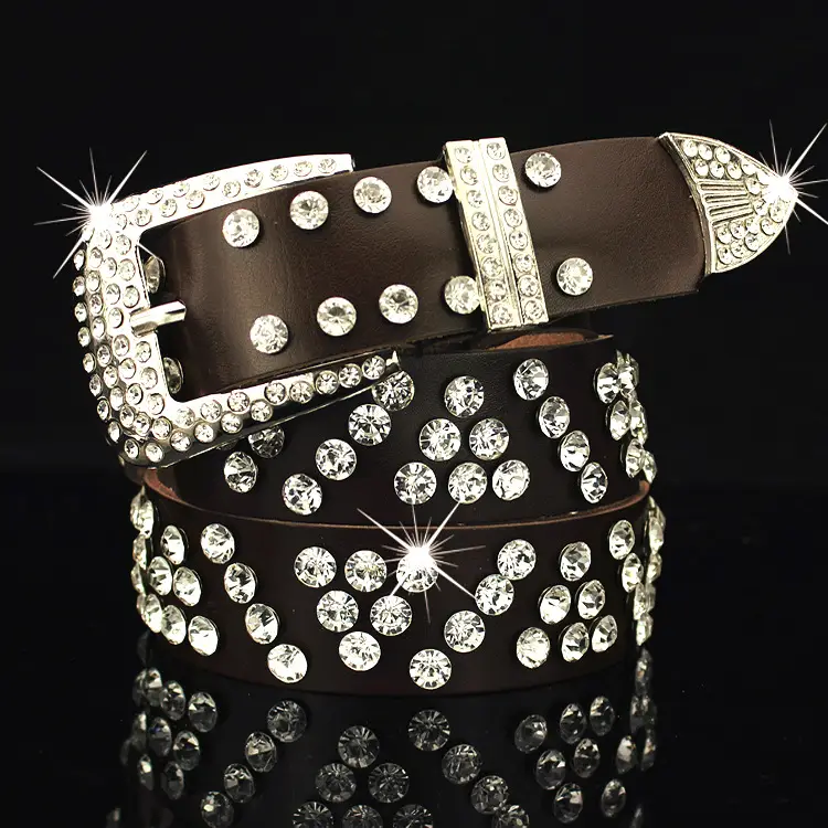 Women's Black Leather Belt with Diamond Rhinestone Buckle - Image 4