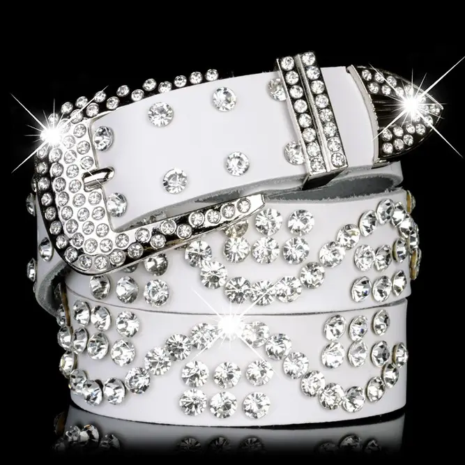 Women's Black Leather Belt with Diamond Rhinestone Buckle - Image 5