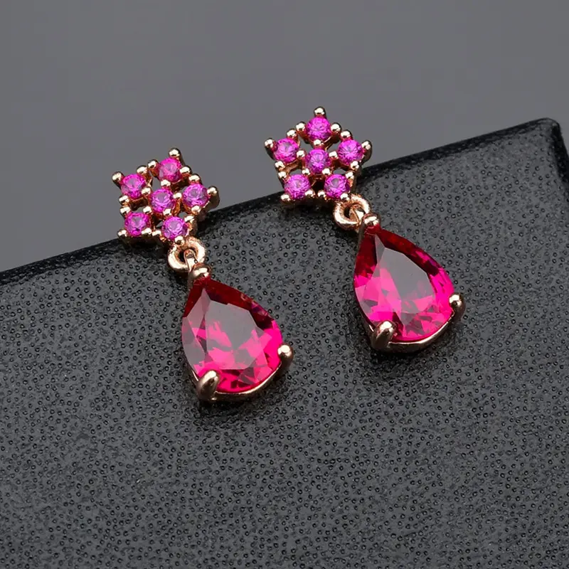 Japanese Korean Style Synthetic Ruby Earrings with Zircon Drop - Image 2