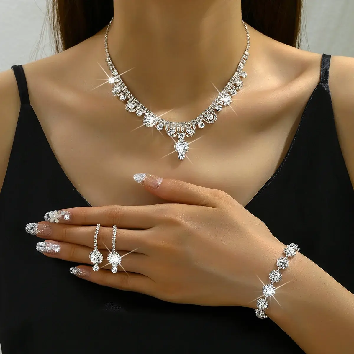 Cross-border Wedding Diamond Necklace Earrings Set Silver 500cm — feature 3