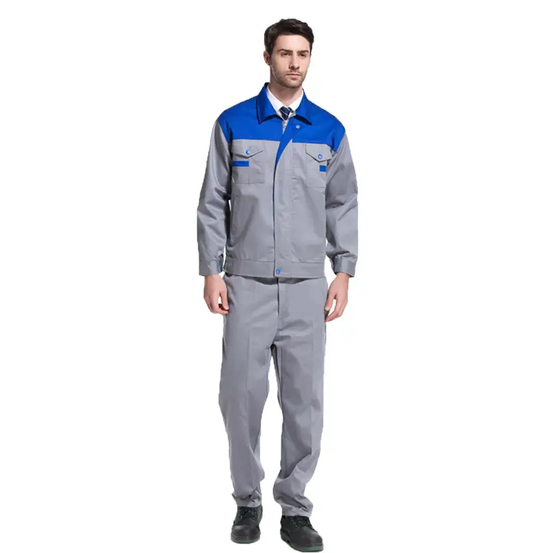 Long Sleeve Workwear Set Blue Grey Twill Polyester