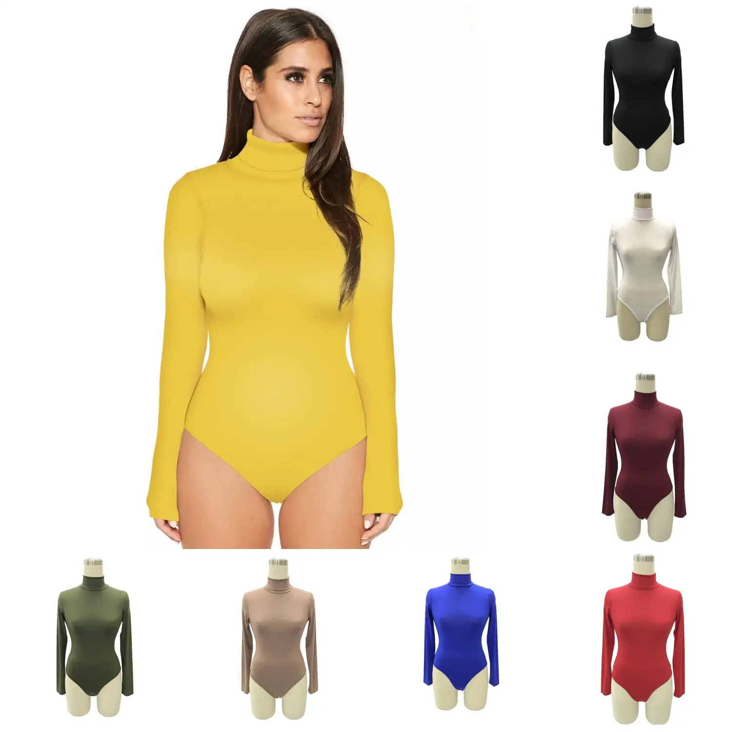 Red Long Sleeve Bodysuit with High Collar for Women
