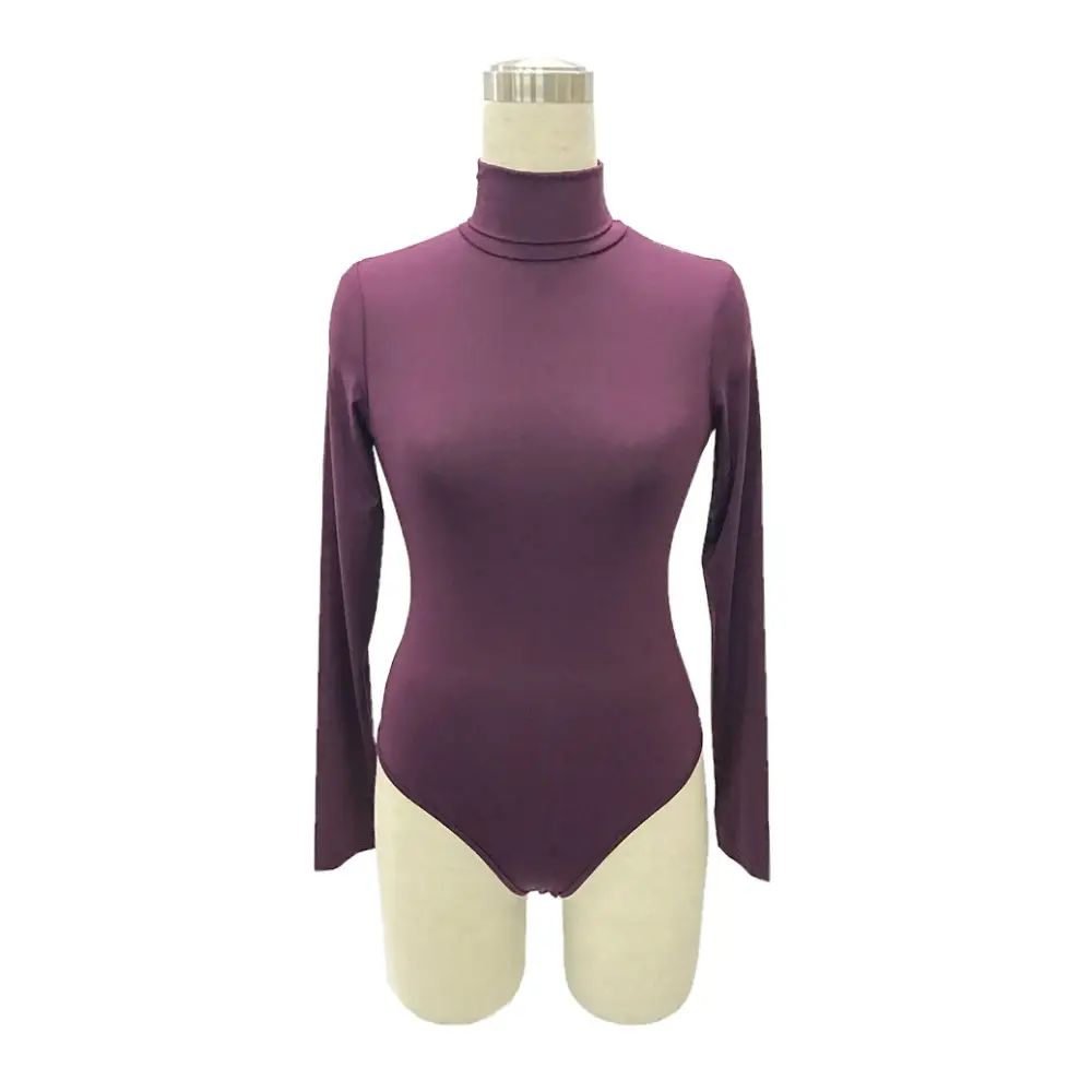 Red Long Sleeve Bodysuit with High Collar for Women