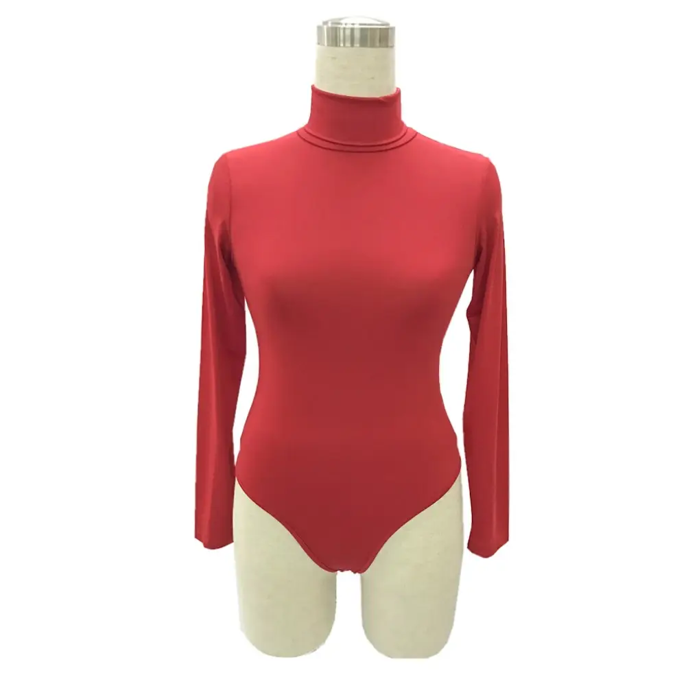 Red Long Sleeve Bodysuit with High Collar for Women