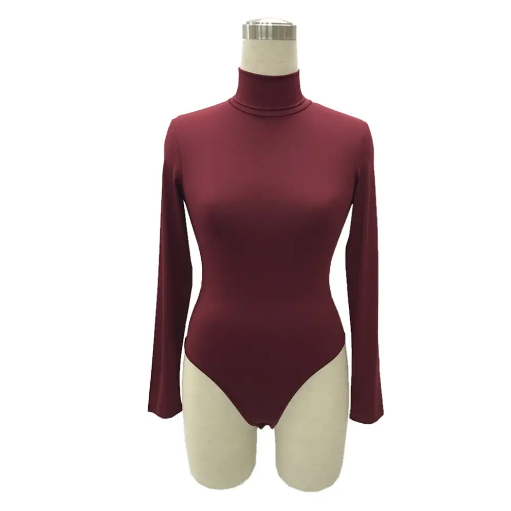 Red Long Sleeve Bodysuit with High Collar for Women