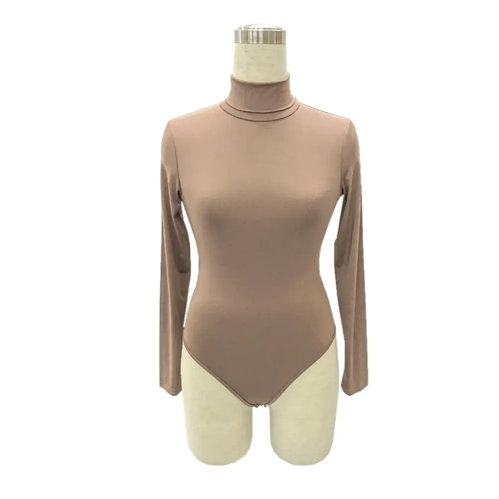 Red Long Sleeve Bodysuit with High Collar for Women