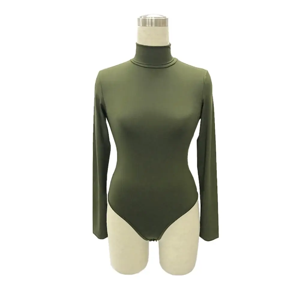 Red Long Sleeve Bodysuit with High Collar for Women