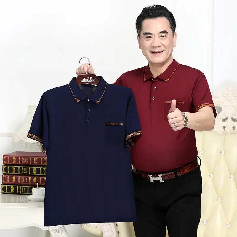 Men's Navy Blue Pocket Polo Shirt with Brown Trim - Image 9