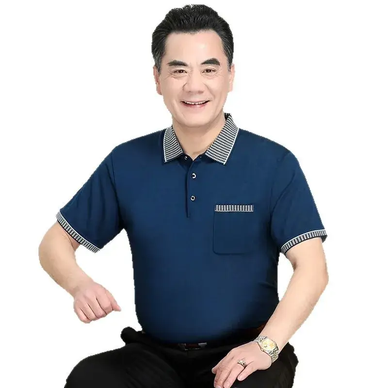 Men's Navy Blue Pocket Polo Shirt with Brown Trim - Image 11