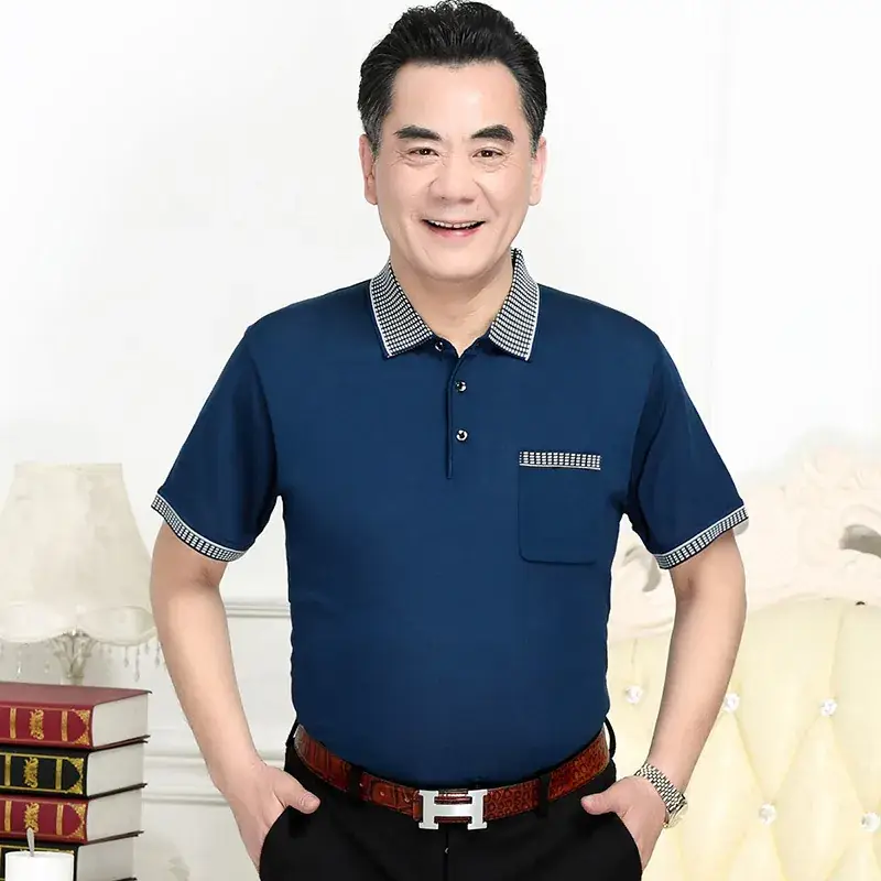 Men's Navy Blue Pocket Polo Shirt with Brown Trim - Image 2