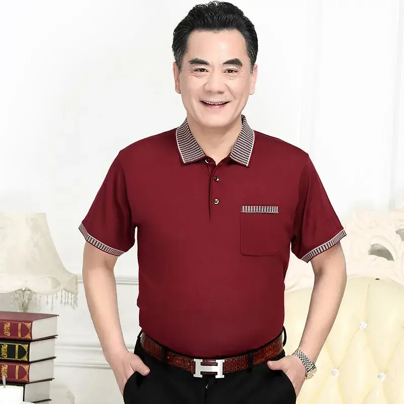 Men's Navy Blue Pocket Polo Shirt with Brown Trim - Image 3