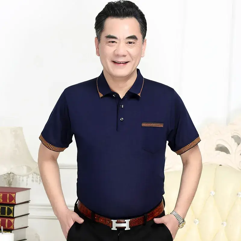 Men's Navy Blue Pocket Polo Shirt with Brown Trim - Image 4