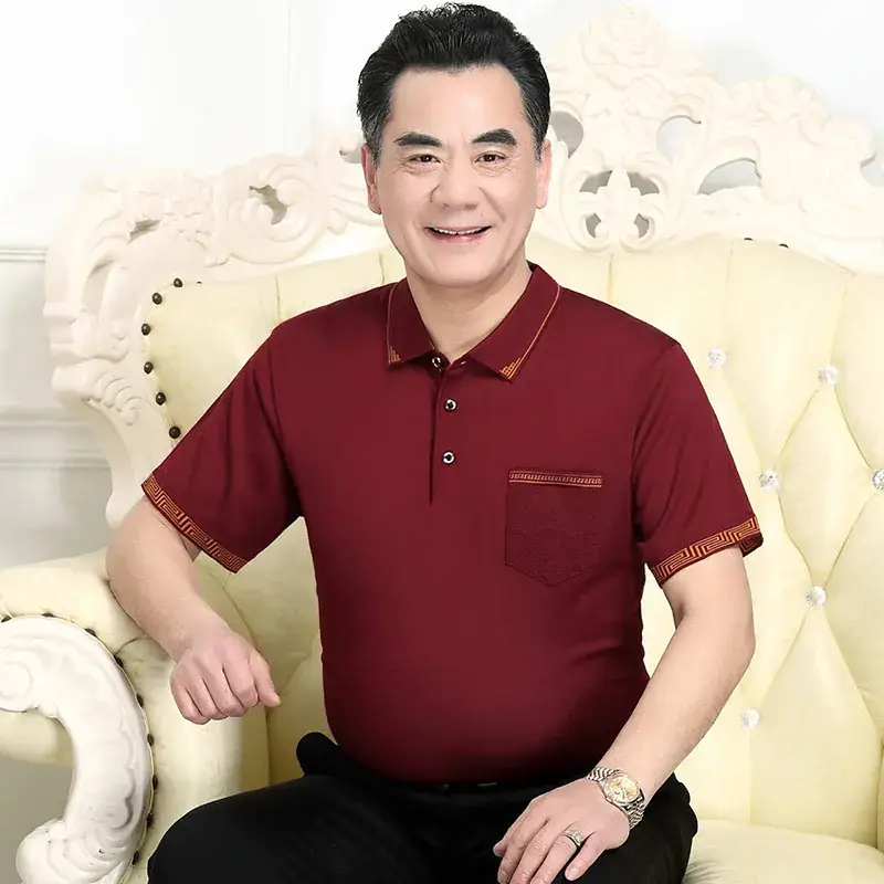 Men's Navy Blue Pocket Polo Shirt with Brown Trim - Image 5