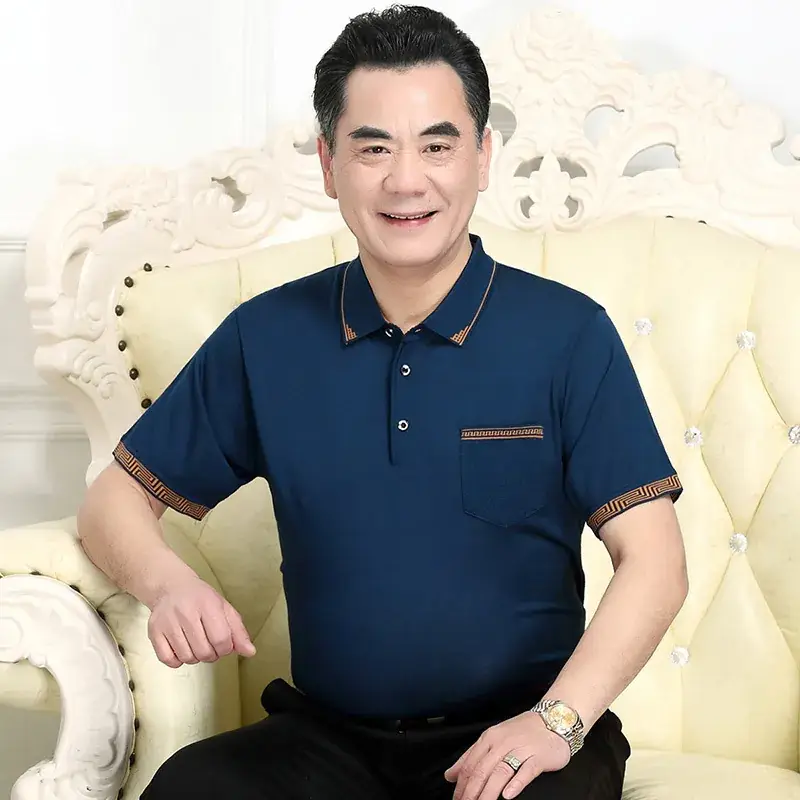 Men's Navy Blue Pocket Polo Shirt with Brown Trim - Image 6