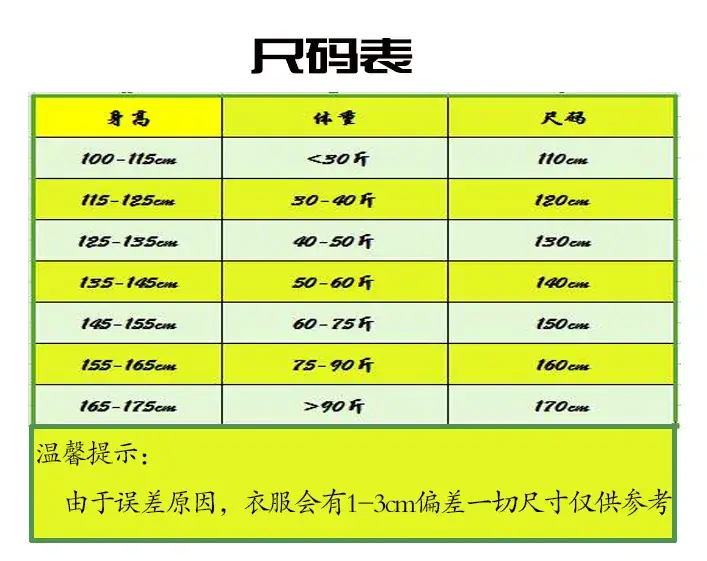 统一尺码表