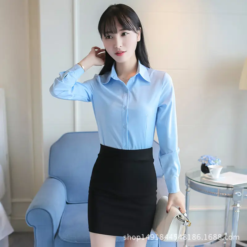 Women White Slimming Lapel Collar Shirt with Black Skirt