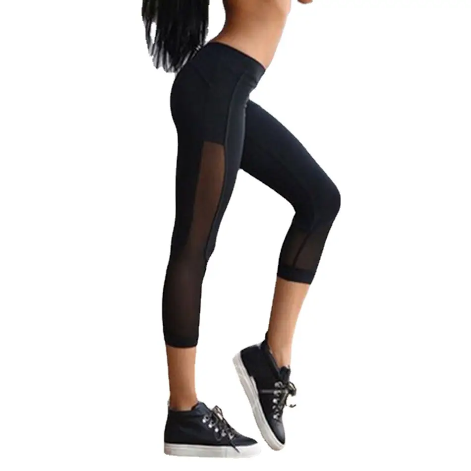 Black Mesh Cropped Yoga Pants for Women - Image 5