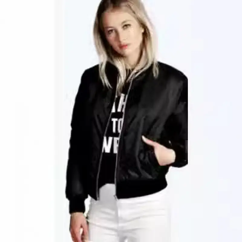 Women Bomber Jacket Black White Print Slim Fit - Image 2