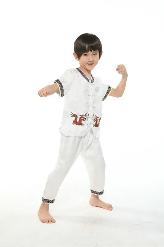 White Silk Plaid Chinese Tang Suit for Boys Summer Autumn - Image 2