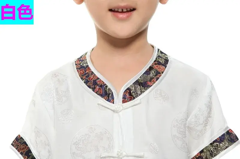 White Silk Plaid Chinese Tang Suit for Boys Summer Autumn — feature 16