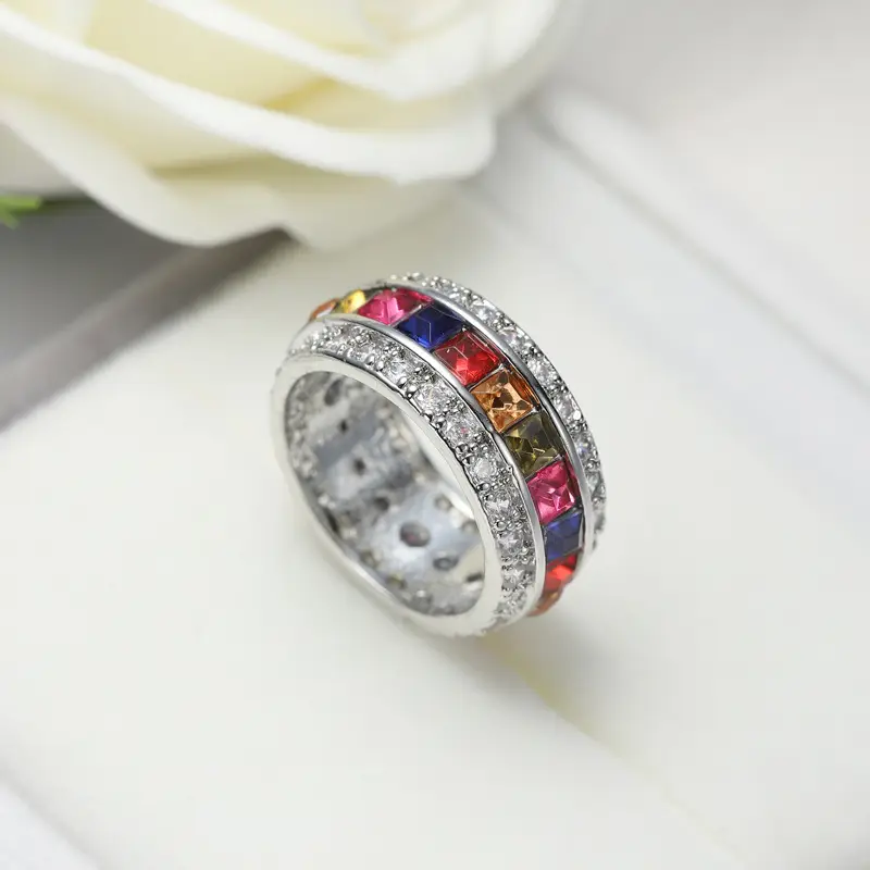 Copper Inlay Colorful Zircon Ring Single Row Full Diamond