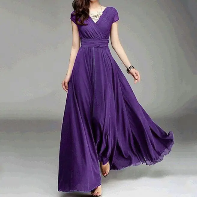 Purple V-Neck Chiffon Gown Dress for Women