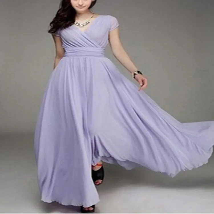 Purple V-Neck Chiffon Gown Dress for Women