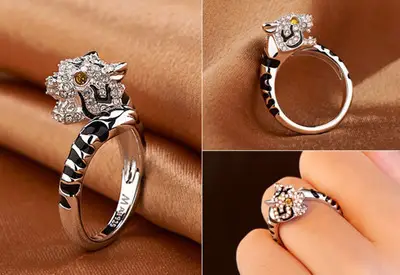 Full Diamond Zodiac Ring with Green Leaf Design - Image 3