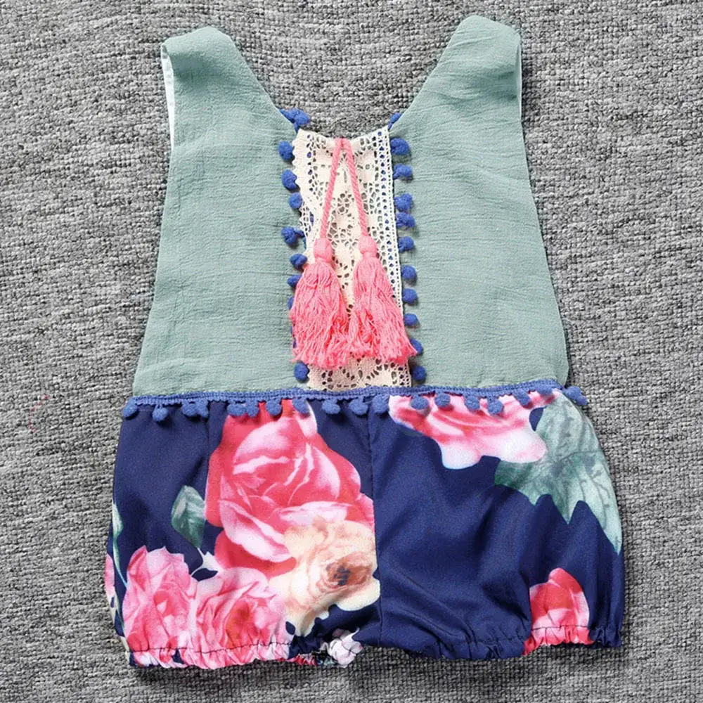 Sleeveless Floral Baby Romper Green Blue - Image 3