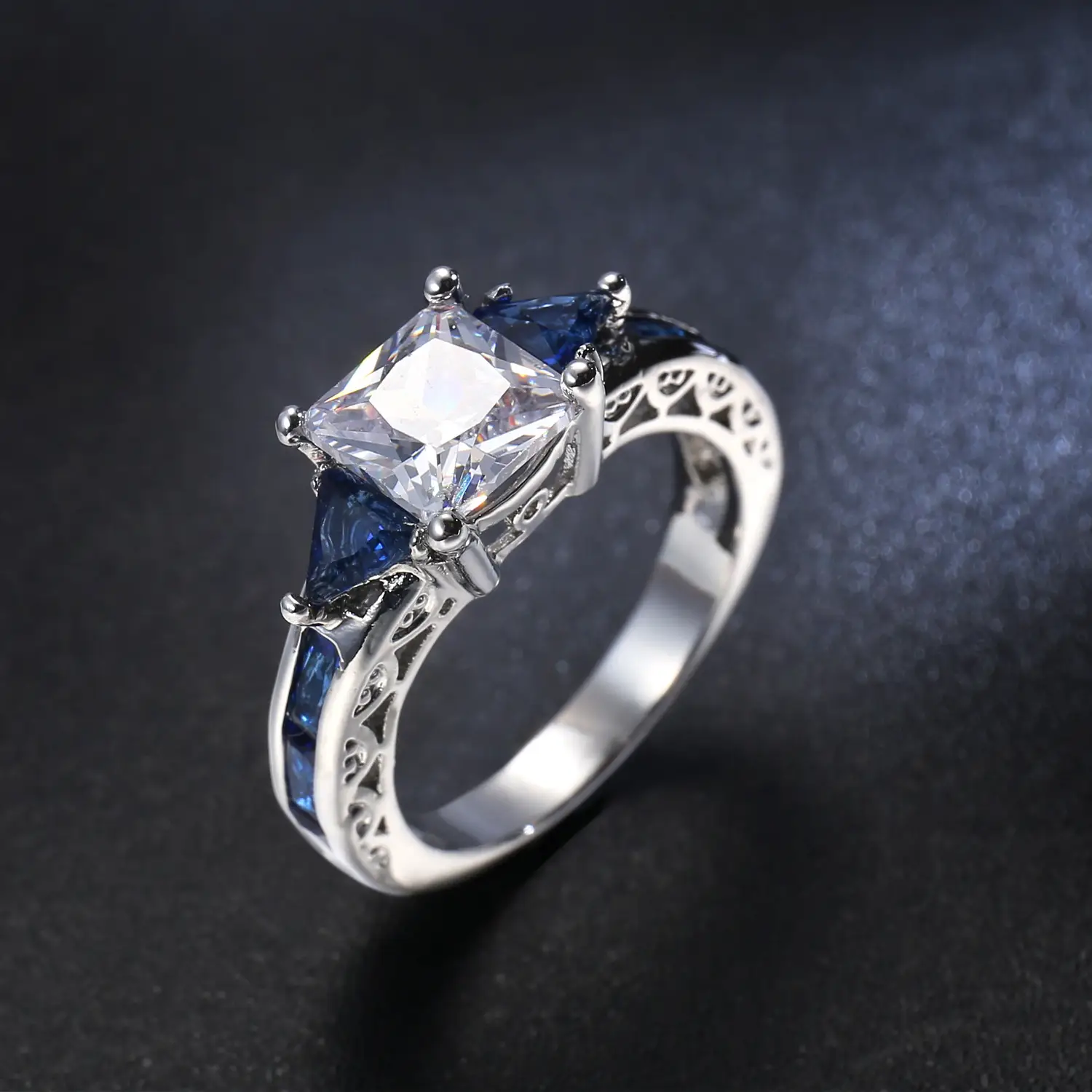 Silver Zircon Ring with Blue Sapphire & Diamond Setting - Image 10