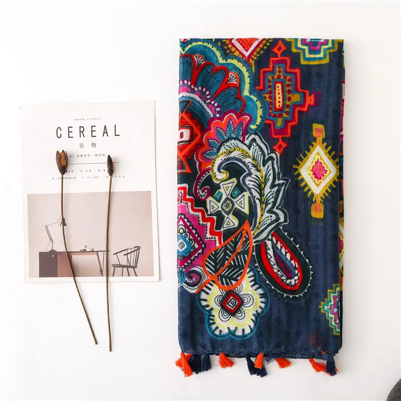Bohemian Tassel Scarf Women Blue Cotton Summer Wear - Image 3