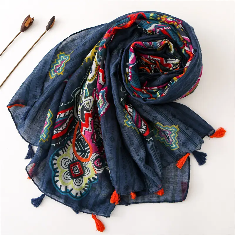 Bohemian Tassel Scarf Women Blue Cotton Summer Wear - Image 4