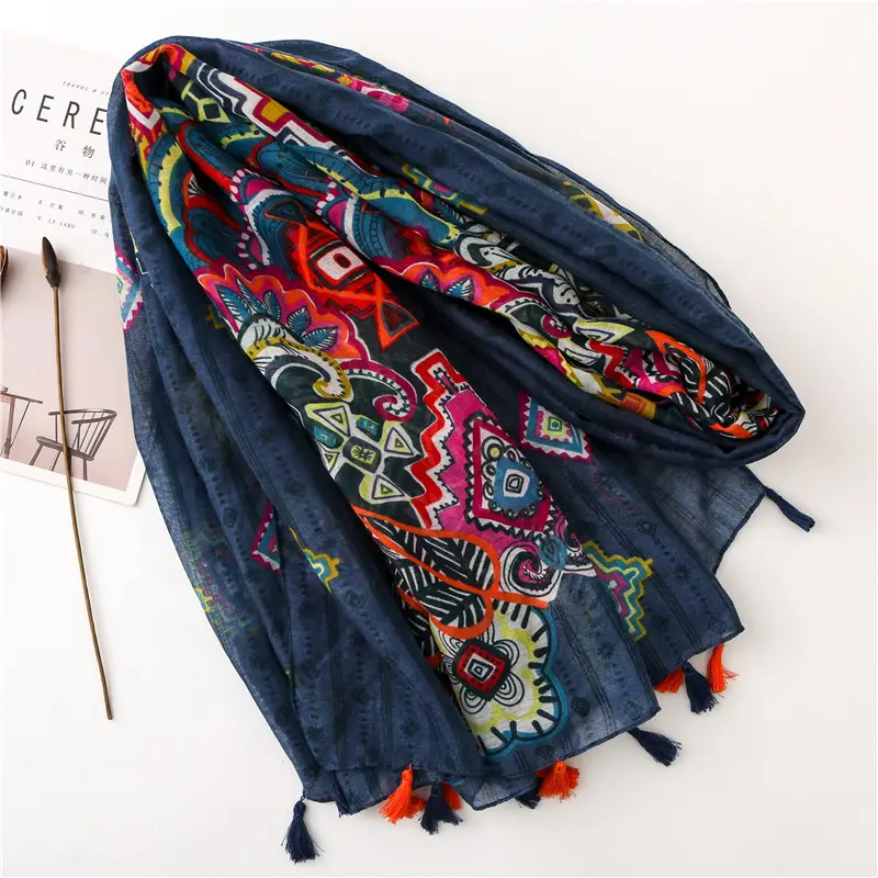 Bohemian Tassel Scarf Women Blue Cotton Summer Wear - Image 5