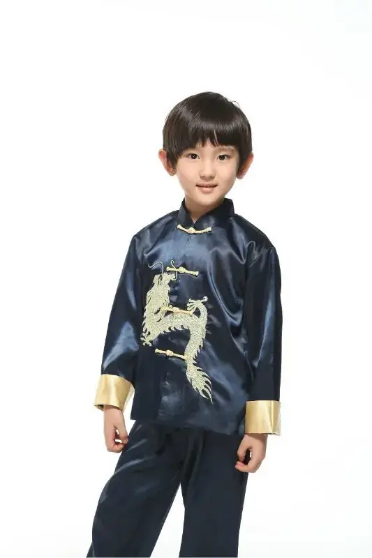 Kids Traditional Chinese Tang Suit with Embroidered Dragon Long Sleeve - Image 2