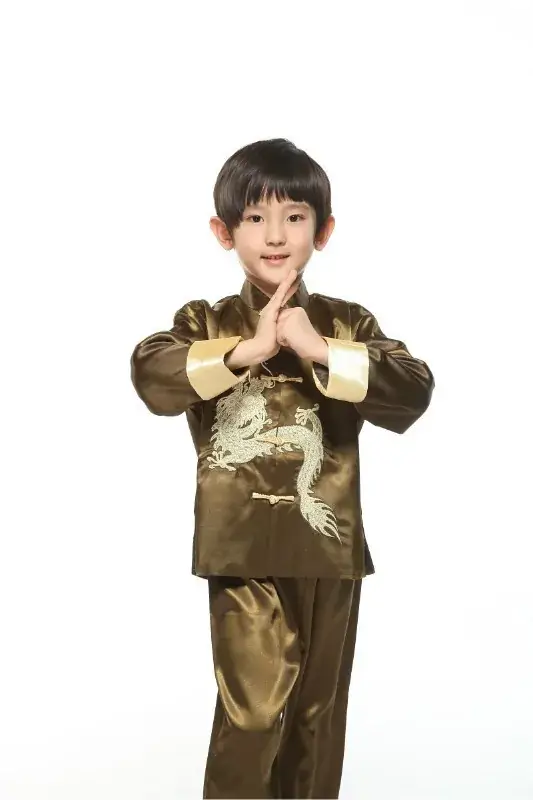 Kids Traditional Chinese Tang Suit with Embroidered Dragon Long Sleeve - Image 3