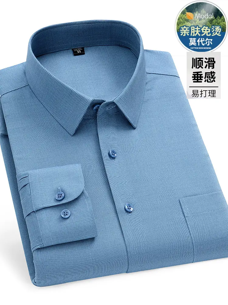 Middle-Aged Men's Blue Modal Long Sleeve Shirt - Image 27