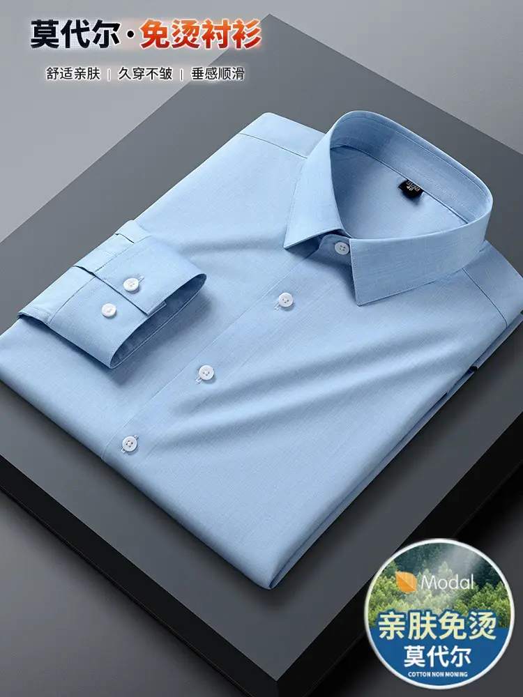 Middle-Aged Men's Blue Modal Long Sleeve Shirt - Image 30