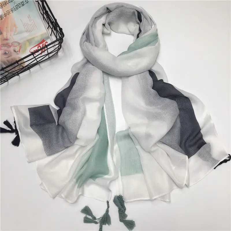Blue Cotton Long Tassel Scarf for Women — feature 37