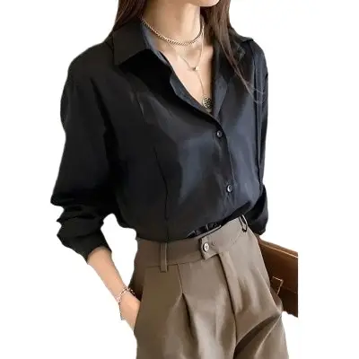 Women's Black Button-Down Shirt with Long Sleeve & High Waist Pants - Image 9