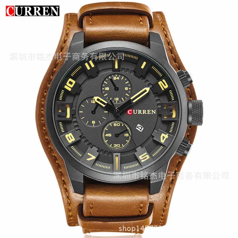 CURREN Men's Large Dial Sports Watch Brown Leather Band