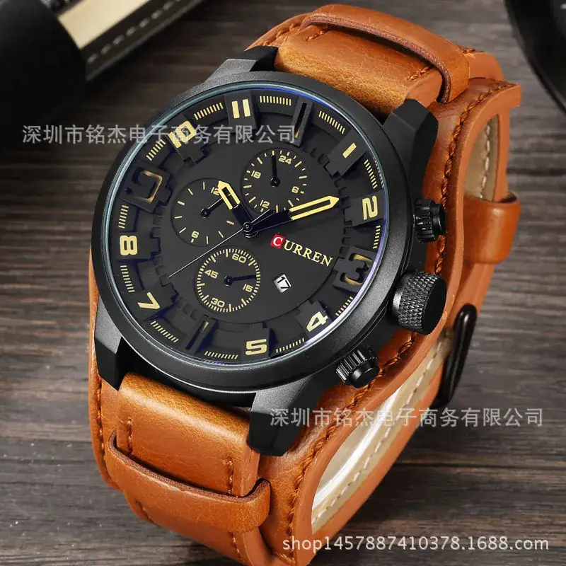 CURREN Men's Large Dial Sports Watch Brown Leather Band