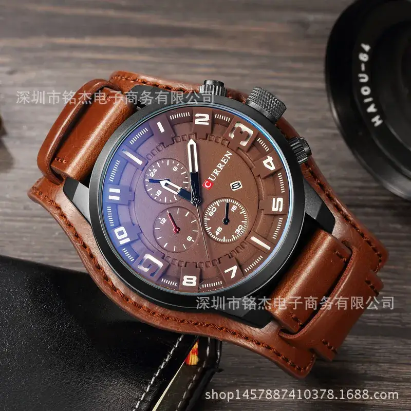 CURREN Men's Large Dial Sports Watch Brown Leather Band